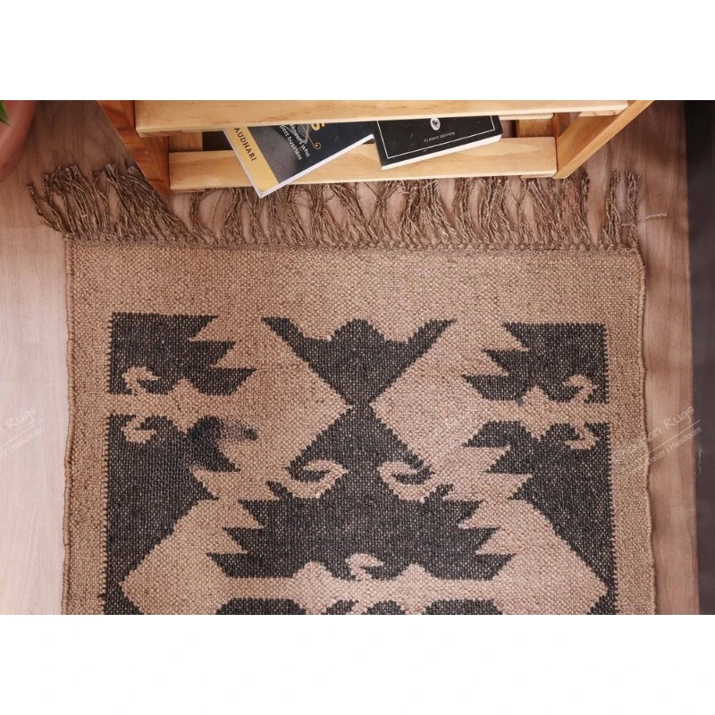 Natural Indian Handwoven Wool Jute Rug Wool Jute Kilim Rug for Living Décor Rug