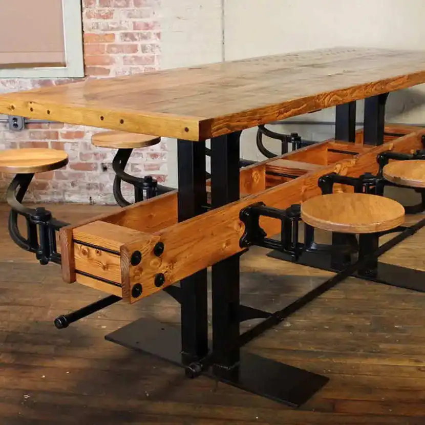 Factory price industrial cafeteria swing retro vintage metal long wood bar table stools and restaurant dining table sets