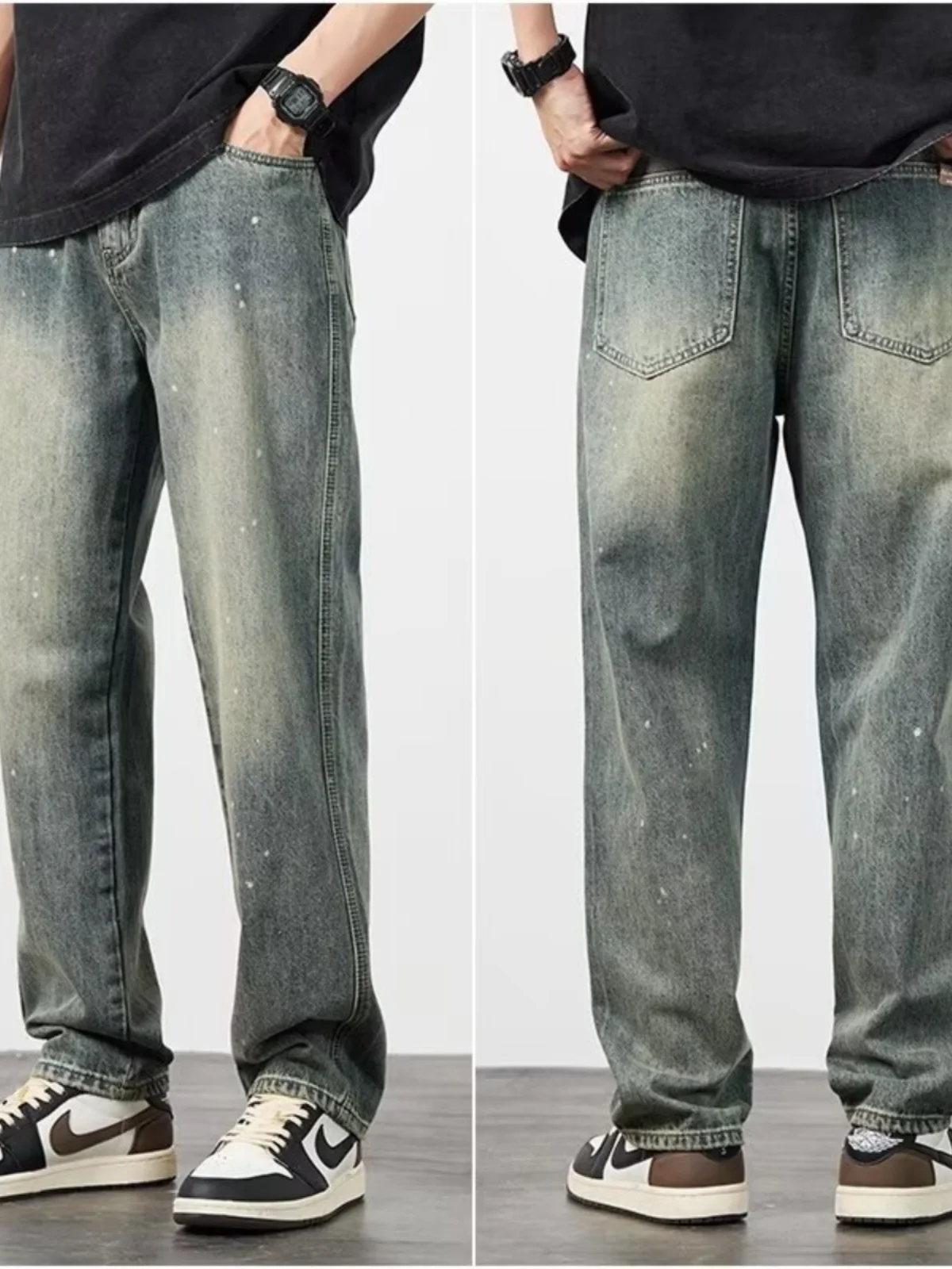 Американские джинсовые джинсы в стиле ретро, мужские весенне-осенние тонкие модные свободные прямые брюки с завышенной талией, универсальные широкие длинные брюки