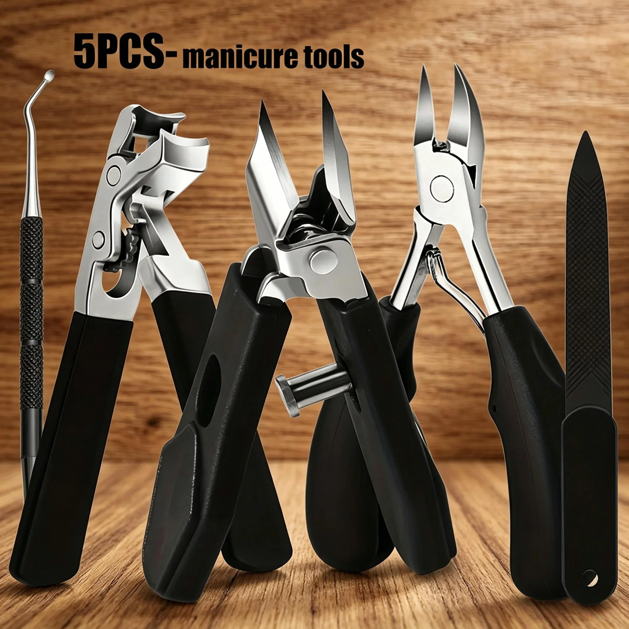 Stainless Steel Toenail Clippers Set with Ergonomic Handle,Includes Wide Mouth Angled Scissors,Nail File Cuticle Tool