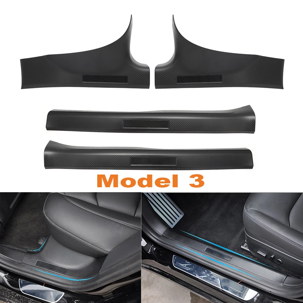 Protectores de alféizar de puerta delantera Y trasera para Tesla Model Y Model 3, cubierta de alféizar de puerta de coche ABS negro de carbono,