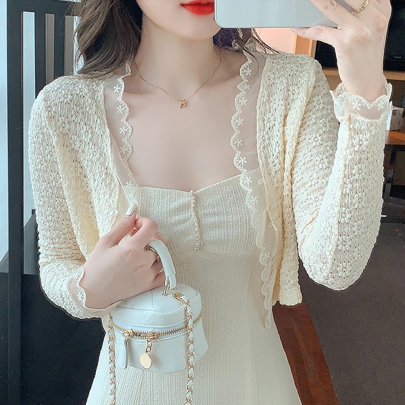 Summer New Ladies Shirts Fashion OL White Chiffon Blouse Women Shirt Casual Sexy Lace See-through Woman Shawl Female Womens Tops