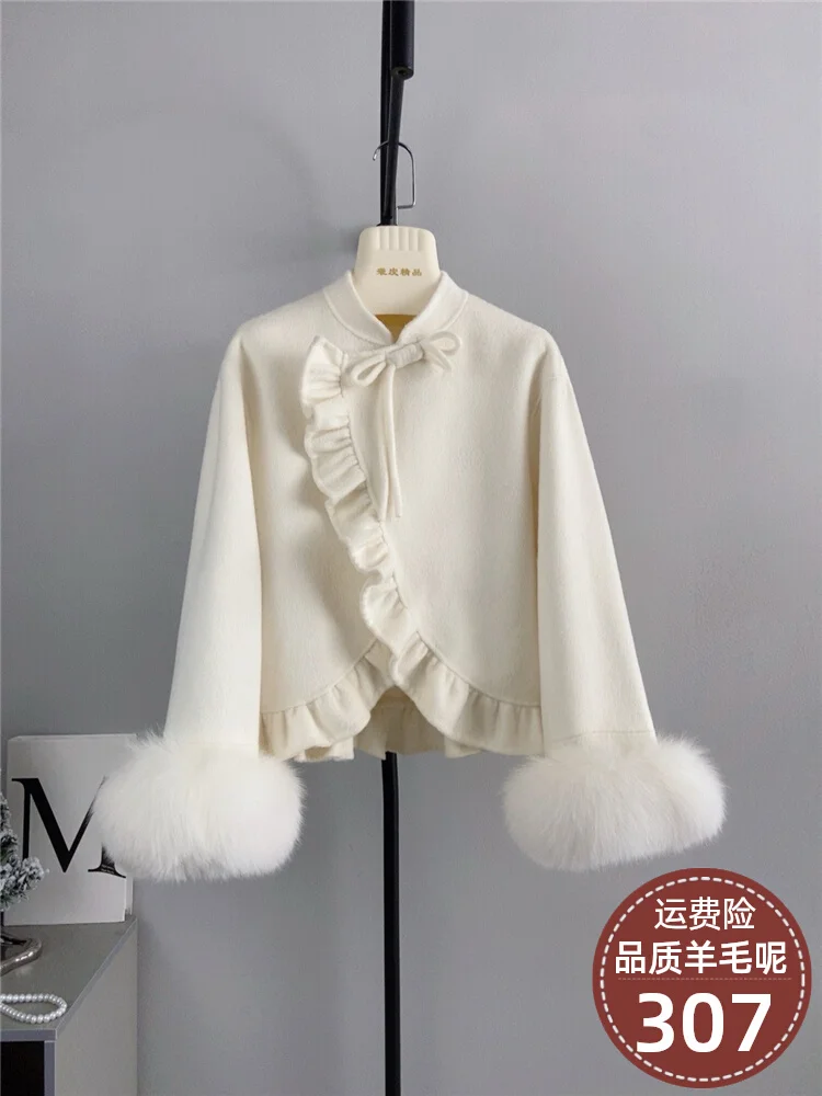 Pure wool double-sided cloth with fungus edge short jacket, natural fur sleeves, wool cloth, Haining fur, autumn and winter