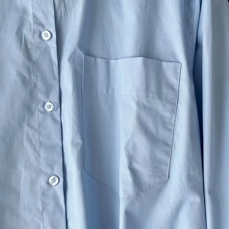 Withered British Fashion Women's Casual Shirt Autumn Retro Boyfriend Wind Cotton Large Pocket Loose Blue Shirt Women