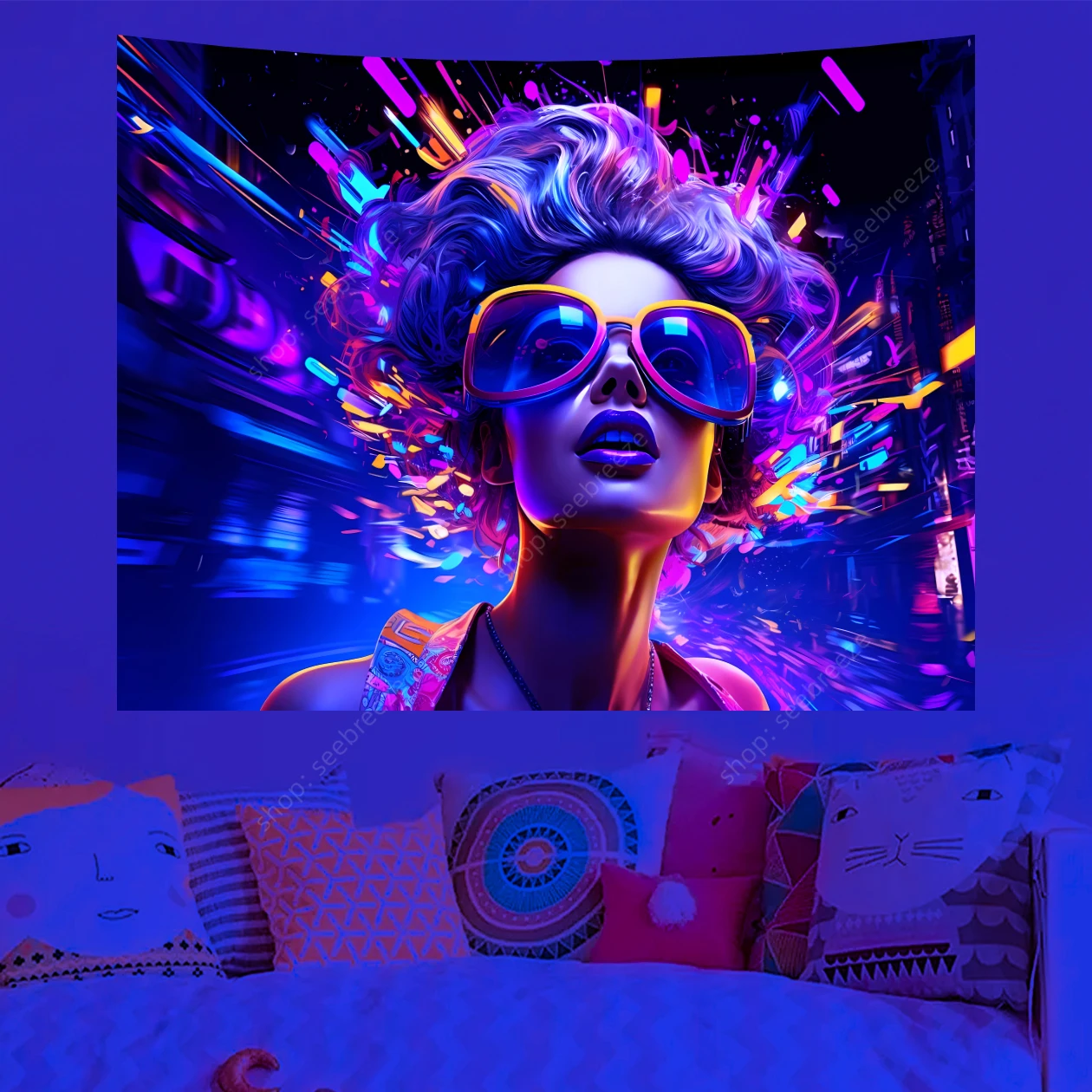 Gorgeous Tripping Women UV Reactive Tapestry Neon Background Tapestries Wall Hanging for Kawaii Room Decor Girl's Dorm Decor