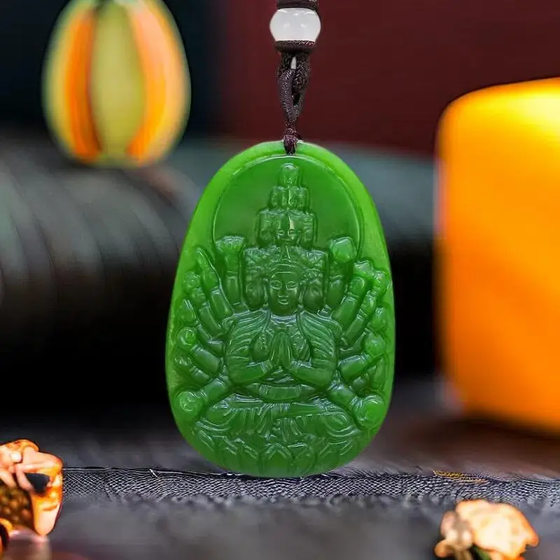 

Green Real Jade Guanyin Pendant Necklace Vintage Chinese Gemstone Charm Amulet Fashion Natural Jasper Carved Jewelry Stone