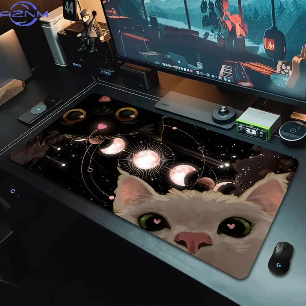 Kawaii Black Cat Mouse Pad, Extra Large Mouse Pad with Stitched Edges, XXL Keyboard Pad, Perfect for Office and PC Gaming