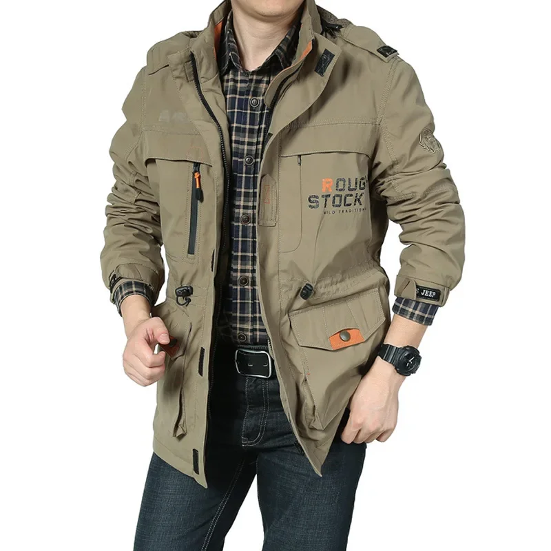 

Mens Jacket cargo jackets Men Autumn Spring Detachable Hood Windproof outdoor Zipper Outdoor Multi-Pockets Men Sports Jacket