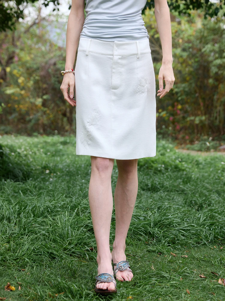 

Hand Embroidered Hiilo25SS ape Le Low Waist Straight Leg f Skirt Linen Fabric Beaded Coated Low Waist Commute Sle