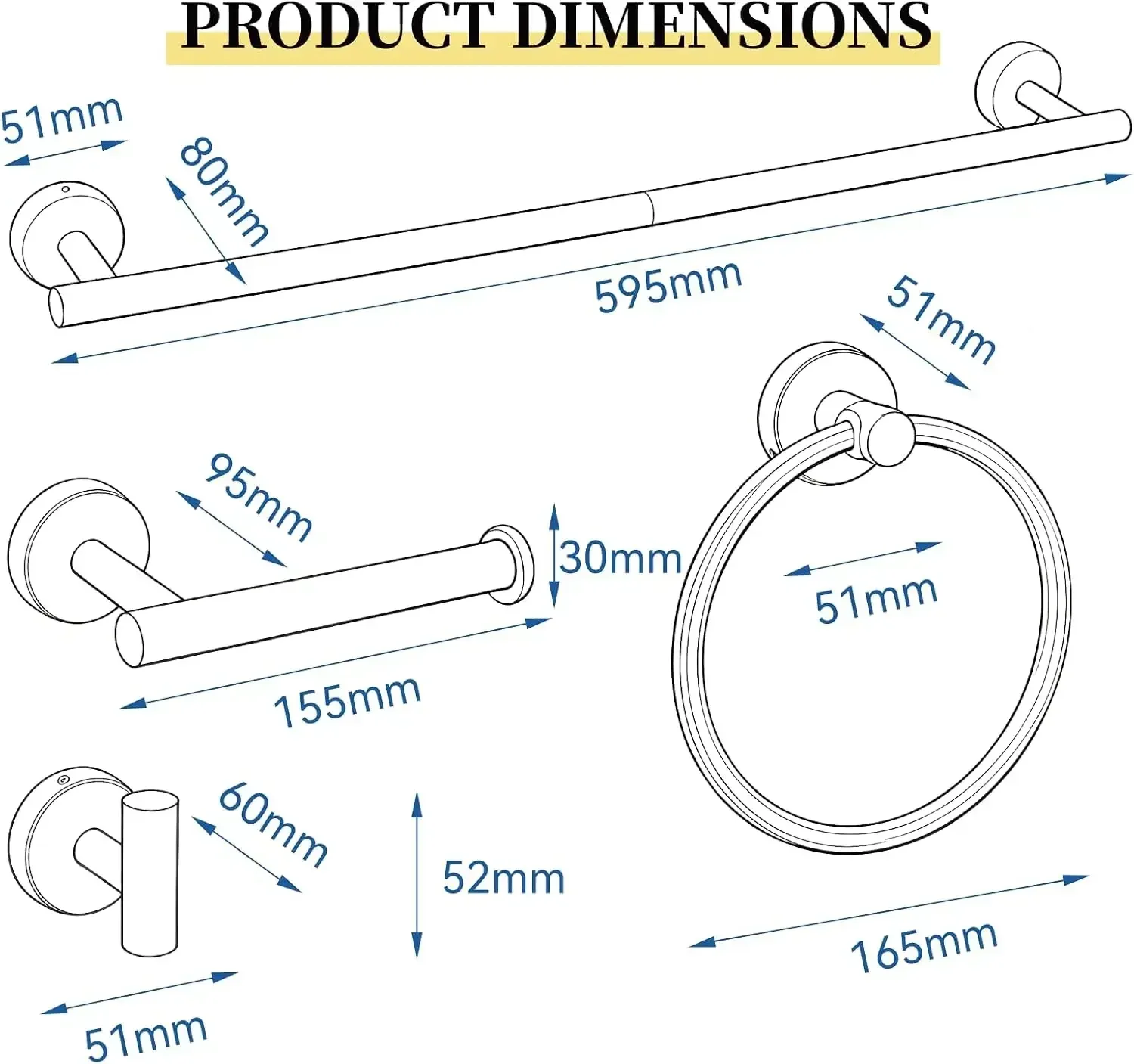 4 Pieces Bathroom Accessories Hardware Set, 24 inch Towel Bar, Towel Ring, Robe Hook, Toilet Paper Holder, Stainless Steel Rack Kit Wall Mounted, Brushed Stainless Steel