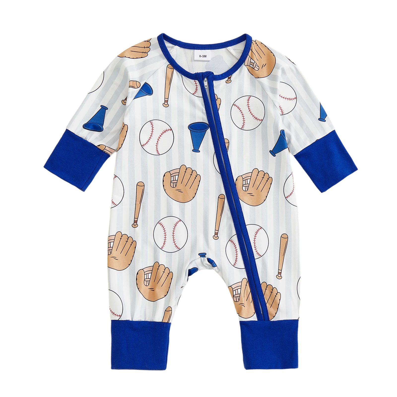 

Baby Boy Fall Romper Fashionable Baseball Themed Print Long Sleeve Round Neck Zip Up Full Length Jumpsuit