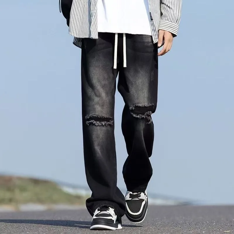 Men Drawstring Ripped Wide Leg Jeans Distressed Washed Loose Streetwear Baggy Denim Pants