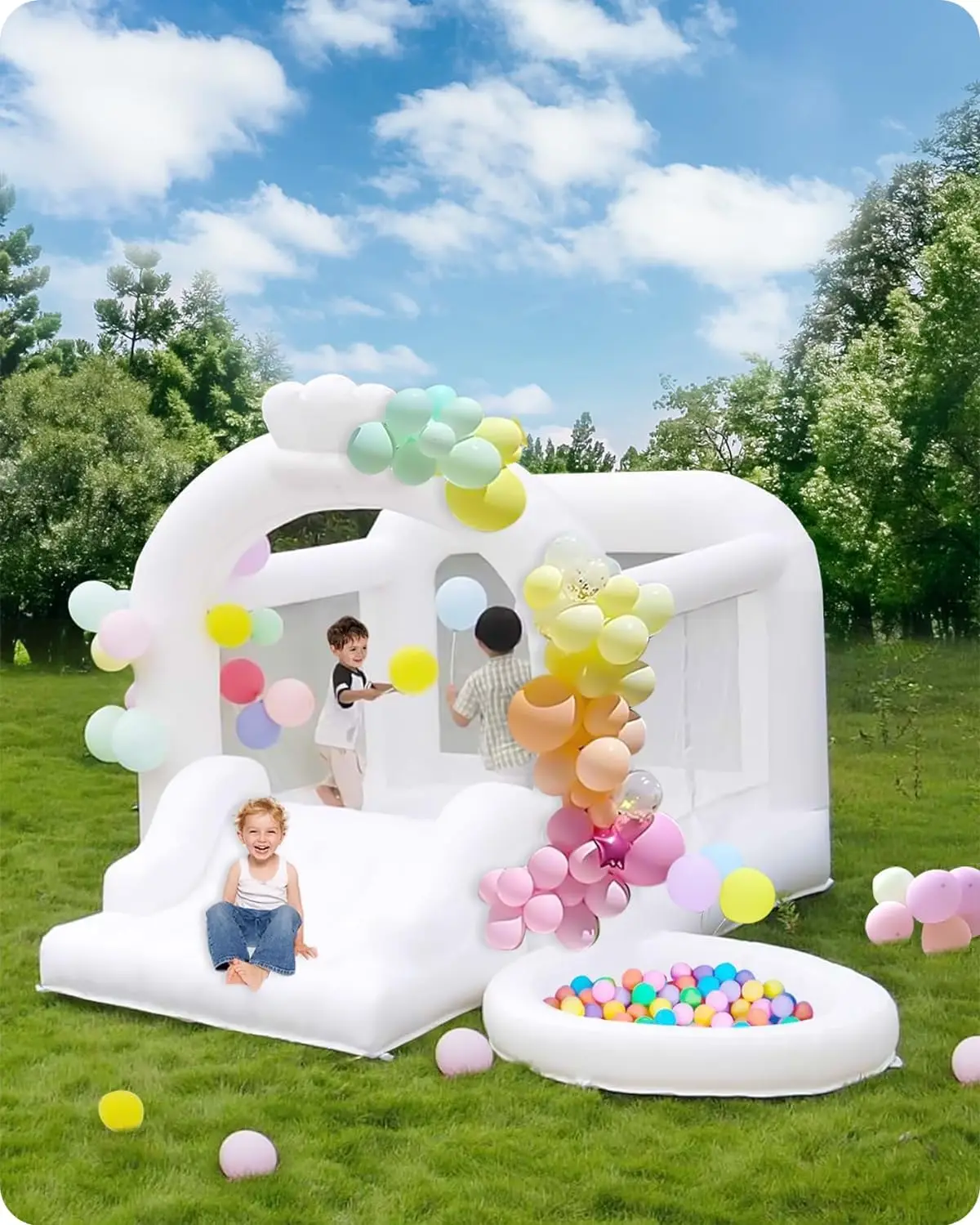 White Bounce House with Slide Ball Pit,  Inflatable Bounce Castle, with Air Blower, 11x11FT Bouncy House for Wedding Party Kids