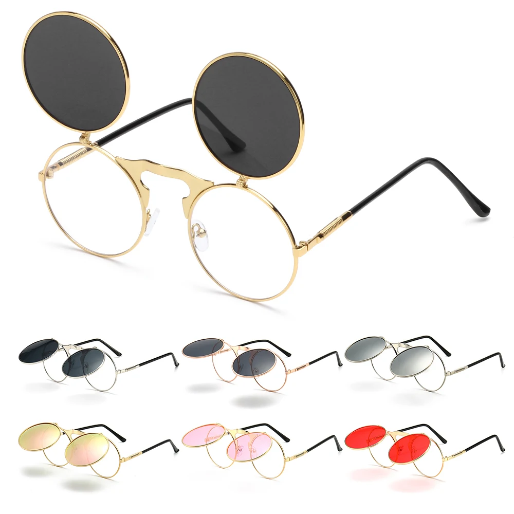 90's Retro Shades Round Steampunk Sun Glasses Flip Up Sunglasses Costume Glasses for Women & Men UV400 Protection Eyewear