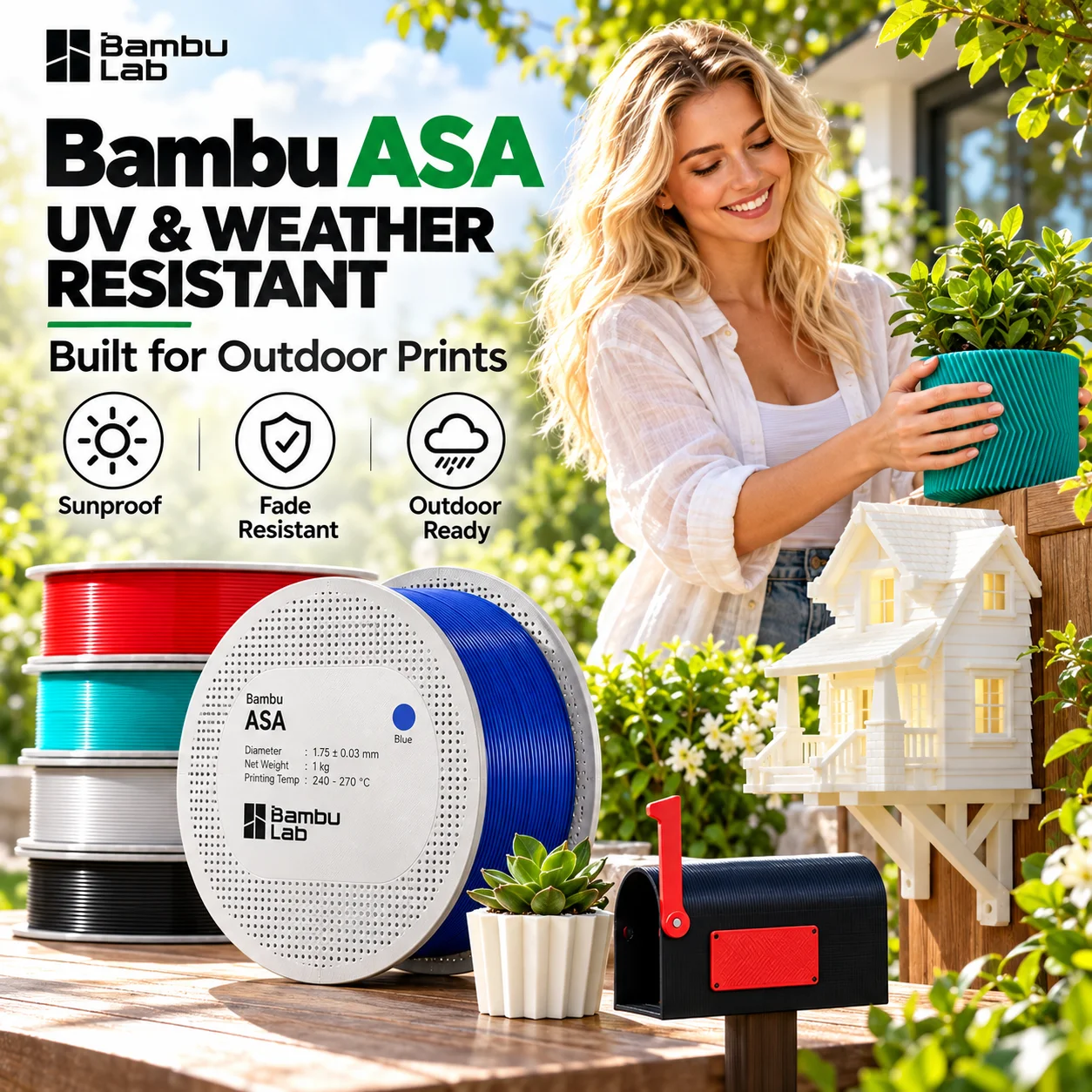 Bambu Lab ASA Filament 1.75mm 1kg UV Weather & Heat Resistant Tough Outdoor 3D Printer Material RFID AMS Compatible