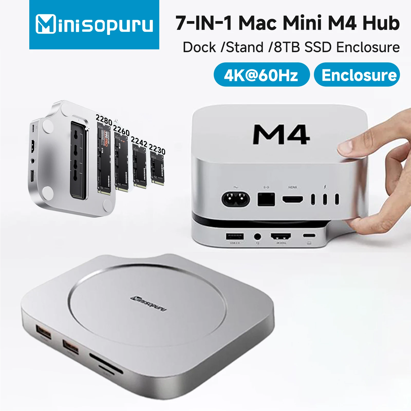 

Подставка Minisopuru Mac Mini M4 HUB с 8 ТБ M.2 Nvme SSD-концентратором 4K60 Гц HDMI SD/TF Многопортовый USB-концентратор для док-станции Mac Mini M4/M4 Pro
