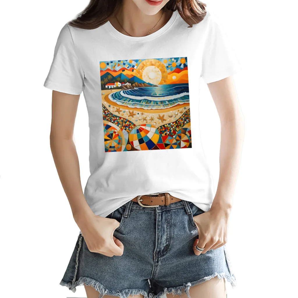 

Beach Summer, Vintage Women's Creative Luxury, High-Quality Summer Printed T-Shirt, Loose Casual Cotton, Round Neck Short Sleeve