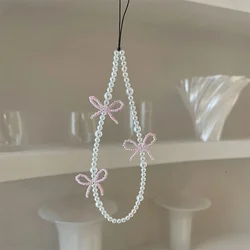 Korea Cute Pink Bowknot Pearl Pendant Beaded Phone Charm for IPhone Accessrioes Lanyard Woman Girl Jewelry Hanging Rope Strap