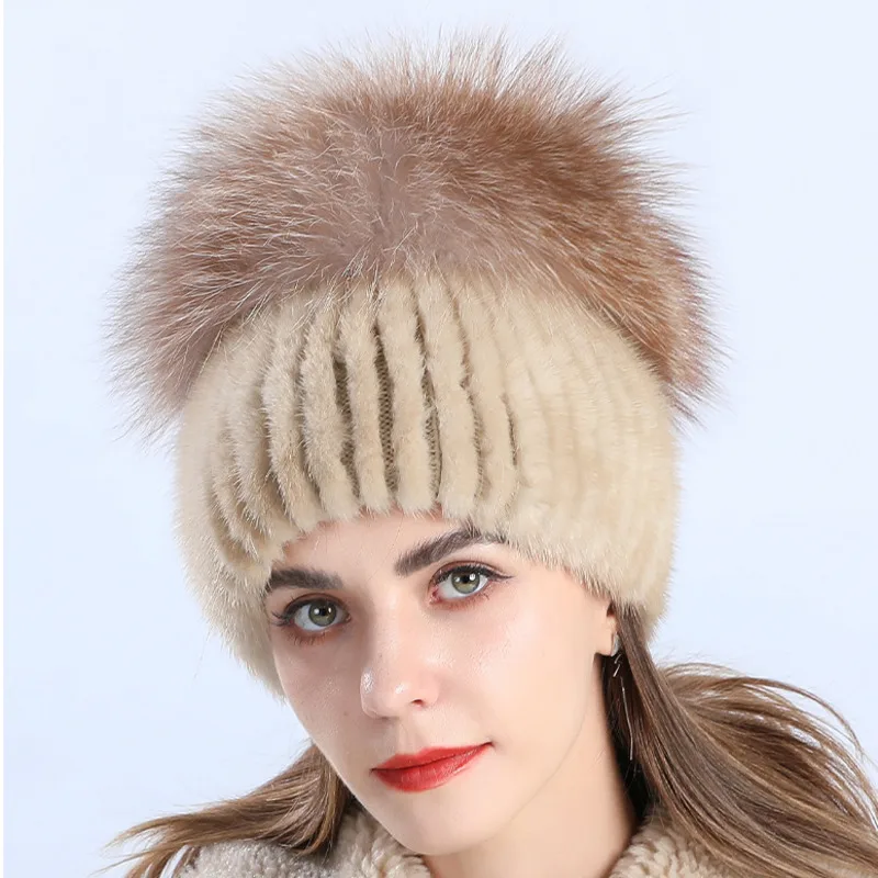 Fur Hat Winter Real Mink Fur Hat With Fox Fur Ball Thickened Warm Fur Hat Mink Fur Beanies Cap Luxury Natural Fur Capsfor Women