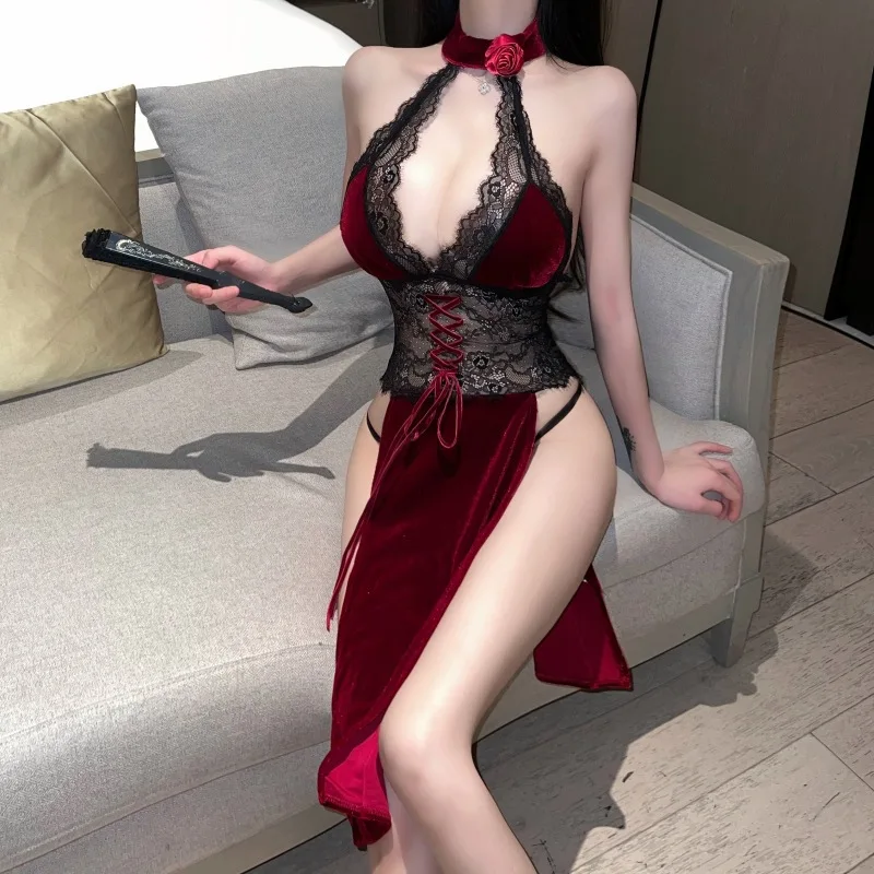 

Red Chinese Traditional Cheongsam Dress Sexy Woman Hollow Out Nightdress High Waist Split Embroidery Retro Qipao Skirt Set New