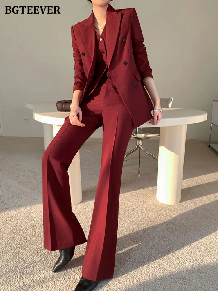 BGTEEVER Elegant 3 Pieces Trousers Suits Women Double Breasted Blazer & V-neck Vests & Wide Leg Long Pants Office Ladies Outfits