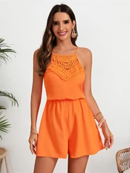 Summer Lace Patchwork Women's Playsuits New Casual High Waist Elastic Sleeveless Shorts Jumpsuits