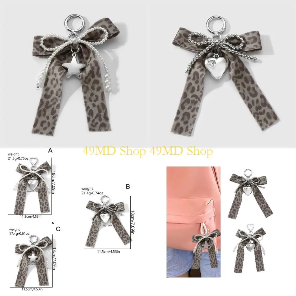 

49MD Retro Leopard Print Bows Keyring With Star And Heart Design Fashion Bag Accesories Purse Charm For Creative Use