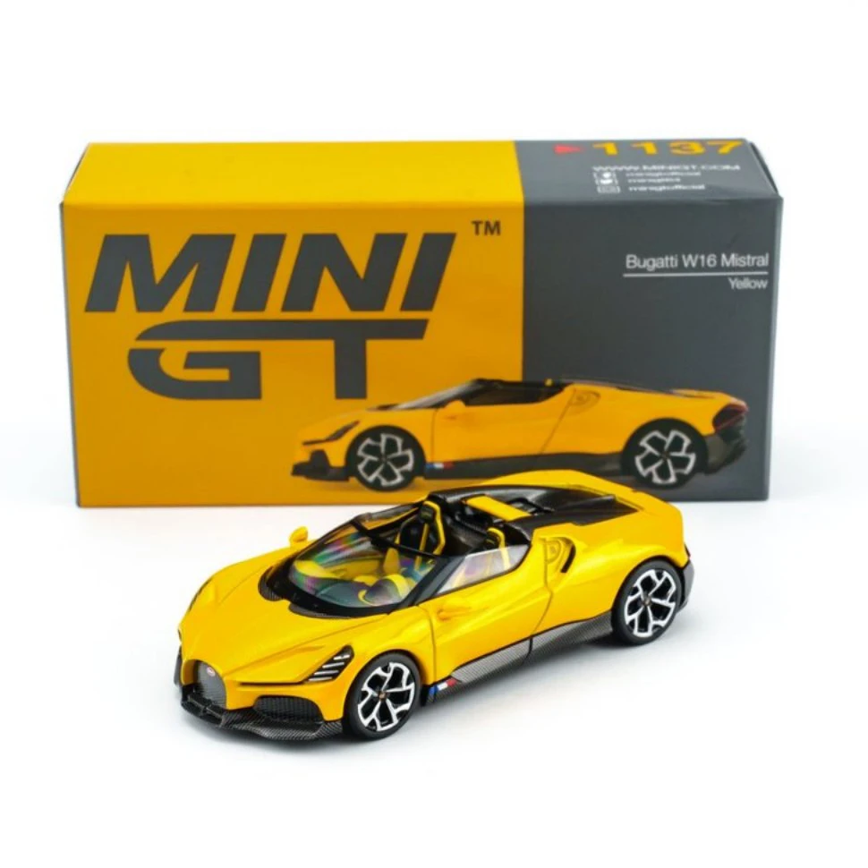 MINIGT 1:64 Bugatti W16 Mistral, geel, MGT01137-CH, metalen speelgoedauto, gegoten modelauto voor kinderen.