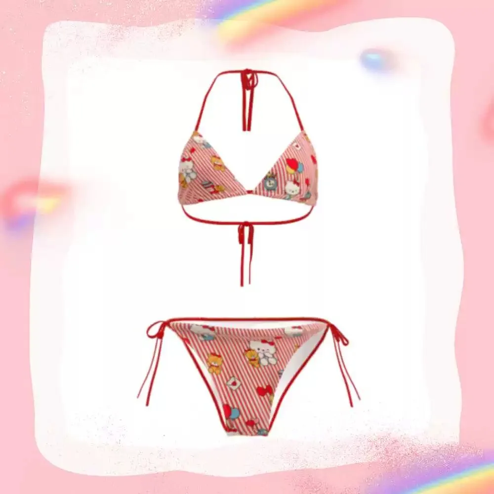 Cute Hello Kitty Striped 3 Piece Bikini Set Women Kawaii Halter Triangle Swim Top Side Tie Bikini Bottom Matching Mini Skirt view 6
