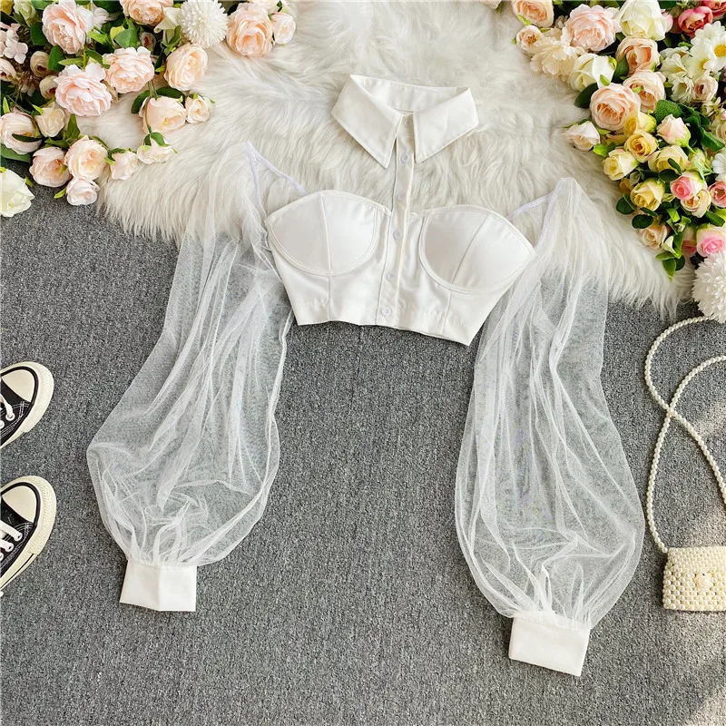 Faionable Sexy ort oulder Bared Cute Belly irt Women's Trendy Slim Fit irt f High Collar Bubble Sve Long Sve