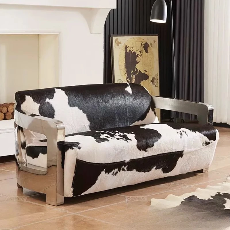 Cowhide genuine leather sofa, vintage industrial style, stainless steel metal furniture, villa