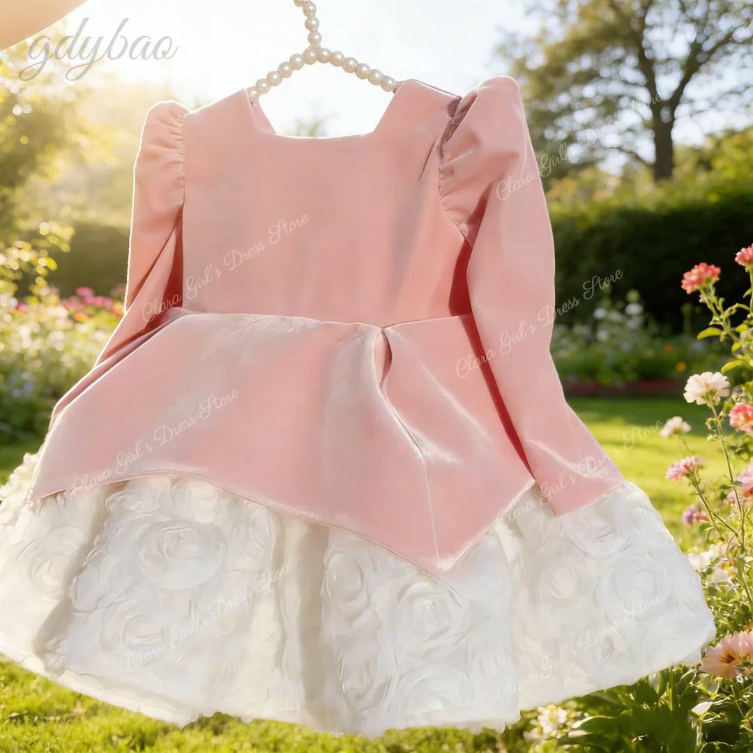 فستان مخملي قصير على شكل حرف A لفتاة الزهور بأكمام طويلة ورقبة مربعة فستان رسمي للأطفال فستان عيد ميلاد للفتيات قابل للتخصيص