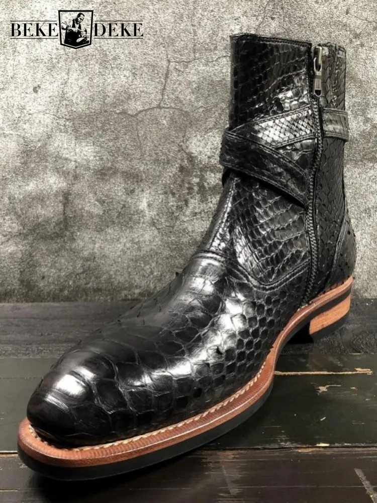 

Concise Style Snake Skin Pointed Toe Zipper Ankle Boots Solid Color Genuine Leather Youth Male Comfortable High Top Footwear