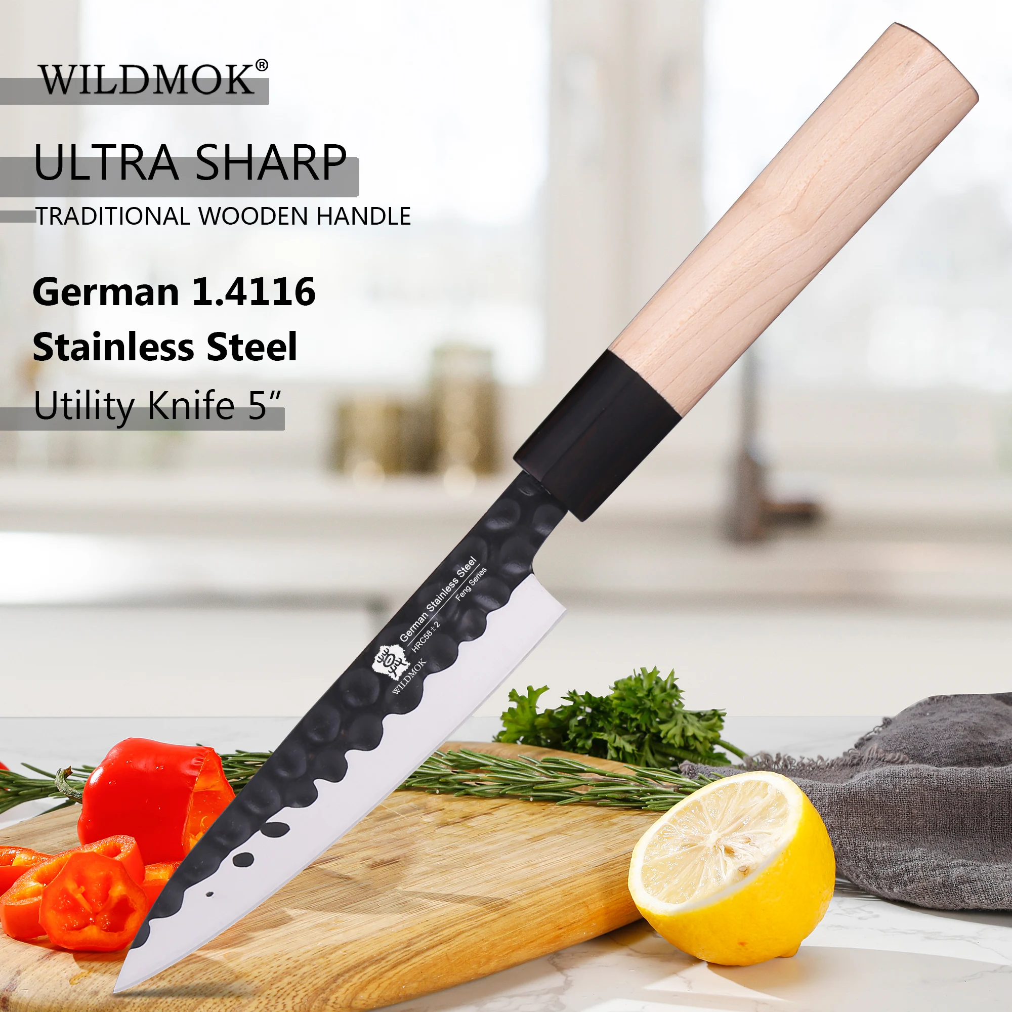 

WILDMOK Left Handed Knives -5" German Steel Utility Knife, Professional Ultra Sharp Kitchen Fruit and Vegetable Cutting Knife