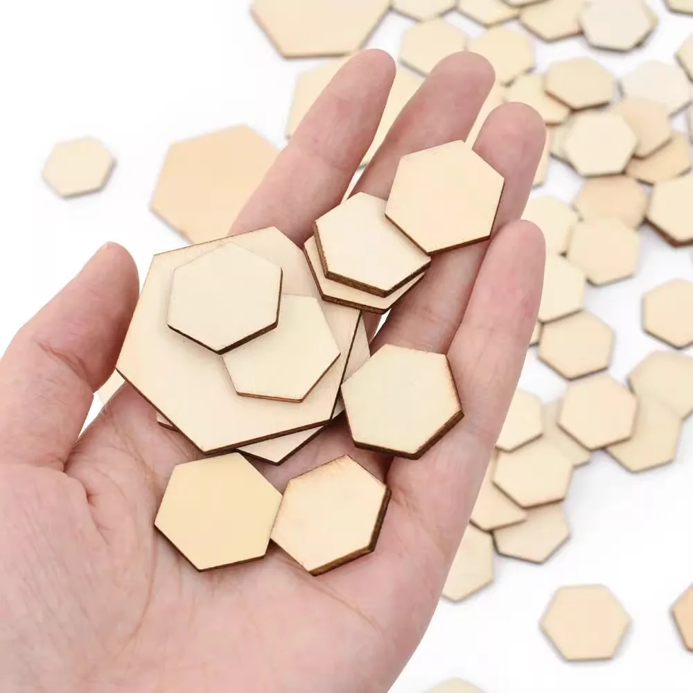 100/50 PCS Wooden Chips Blank Hexagonal Wood Chip Home Decor Children\'s Handmade Drawing Supplies DIY Puzzle Wooden Slices