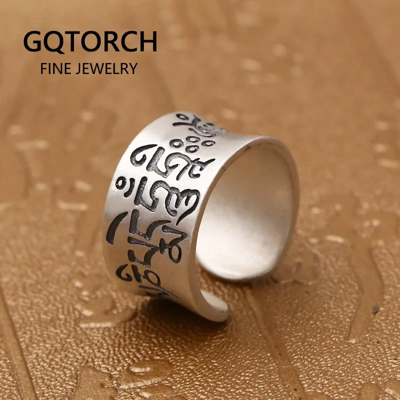 

Real 990 Pure Silver Tibetan Buddhist Mantra Rings For Men And Women Six Words Sanskrit Open Adjustable Ring Vintage Matt Design