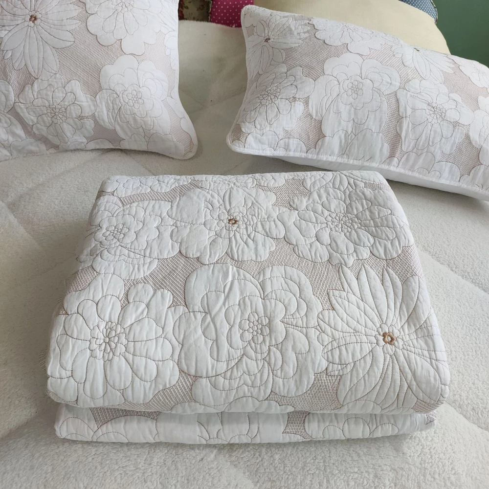 Embroidered 100% Cotton Quilted Bedspread 3-Piece Set King Queen Size, Lightweight Breathable Comforter for All Season
