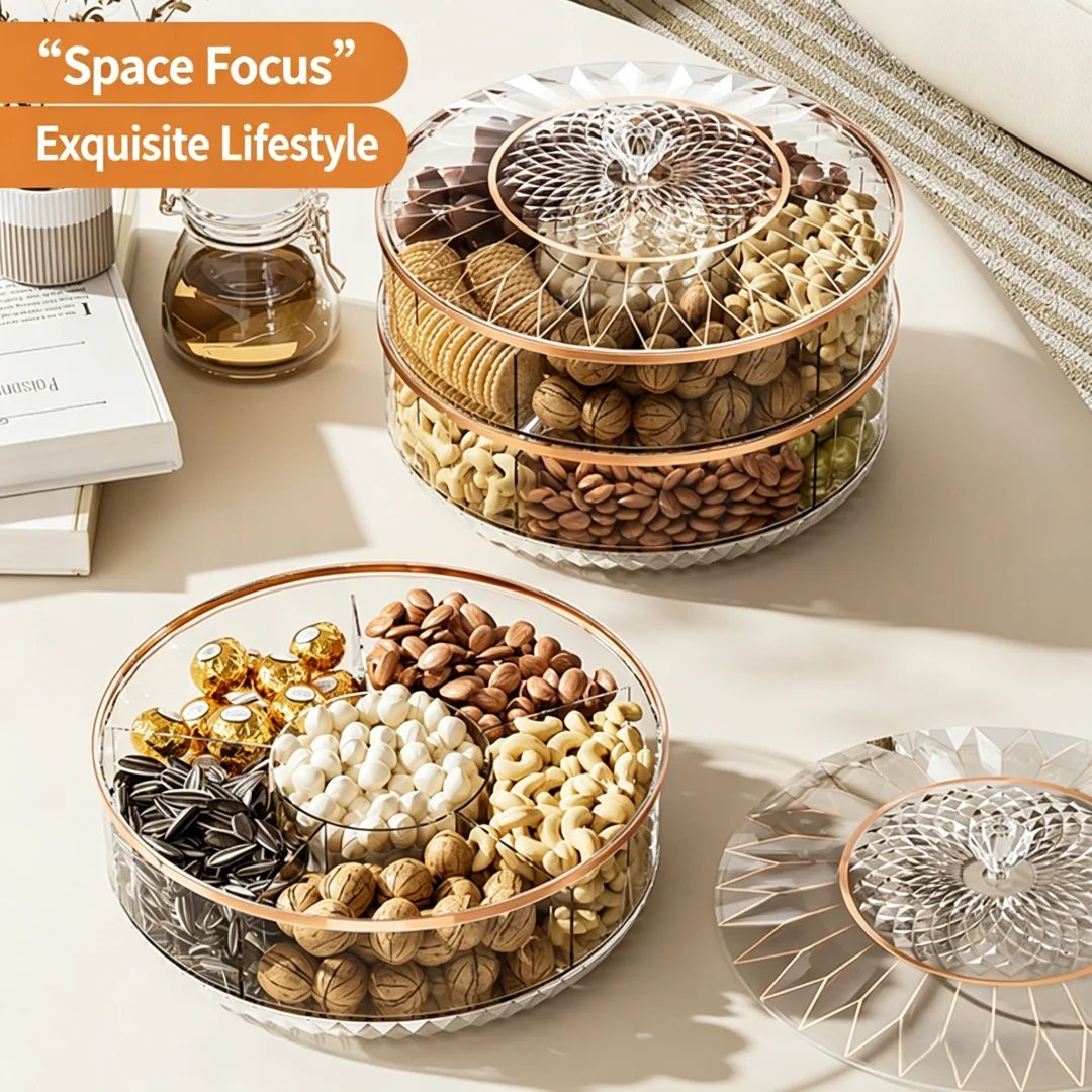 360° Rotating Luxury Divided Snack Tray, Sealed Nuts Candy Storage Box for Living Room, Home, Party