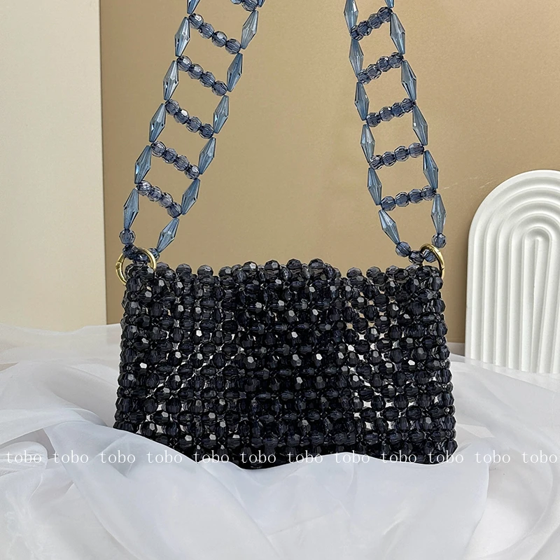 SHINE New Original Design Handmade Beaded Bag Ins Acrylic Prussian Blue Shoulder Handbag DIY Finished Summer Tote Bags for Women