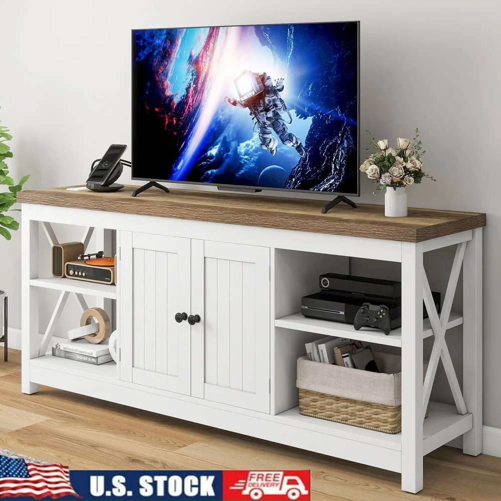 

White TV Stand 65 Inch TV with Power Outlets Adjustable Shelves Farmhouse Entertainment Center 3 Tier Storage Living Room