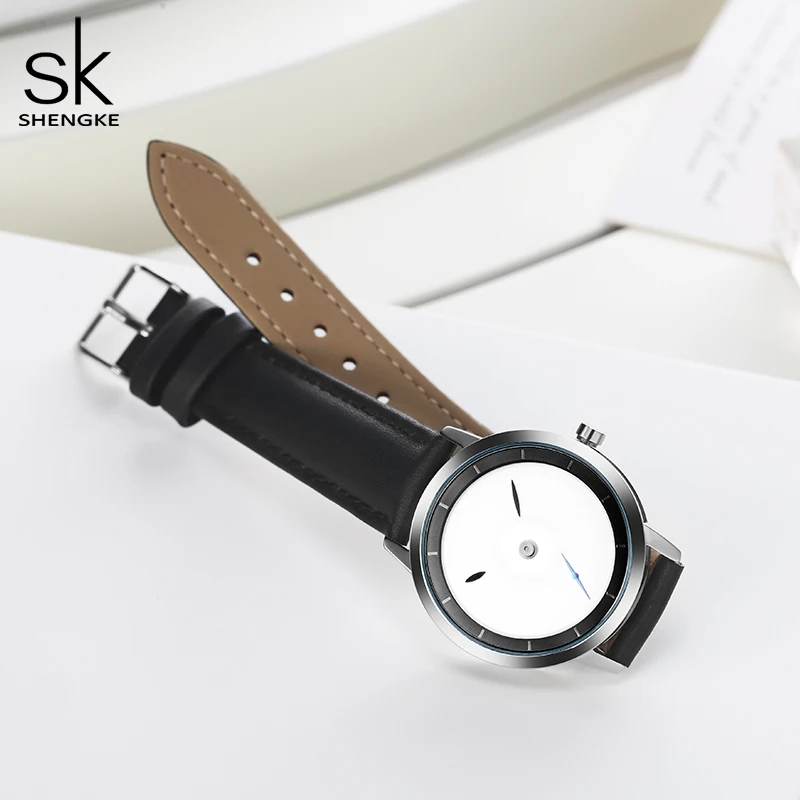 Shengke High-End Full Stainless Steel Women\'s Watches Simple Leather Strap Woman Quartz Wristwatcehs Original Design Lady Clock