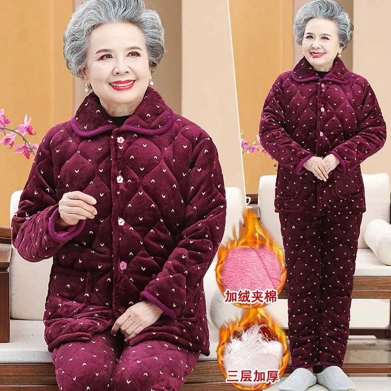 Winter Cotton Padded Mother's Pajamas Sets Middle-Aged Elderly Women Thicken Warm Coral Velvet Pajamas Set Grandma Home Service