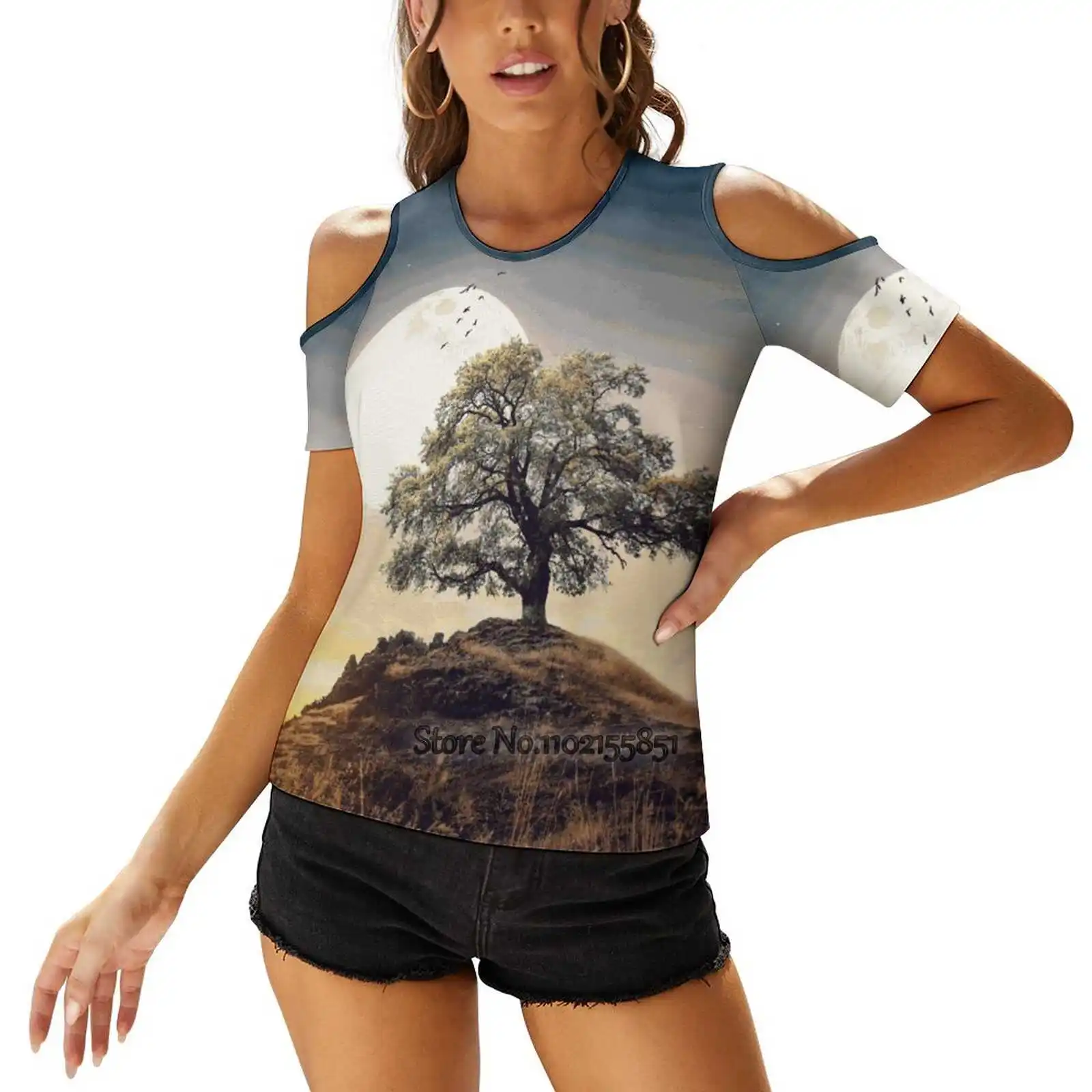 I Stand Alone Women Print T-Shirt Summer Casual Tops Streetwear T Shirt Korean Tops Tree Hill Sunset Moon Birds Lonely Dreamy