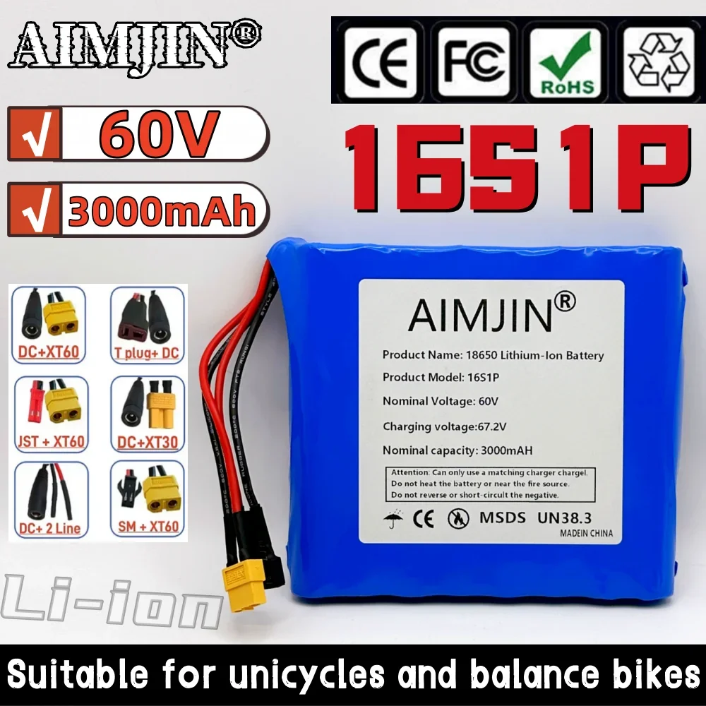 

60V 3000mAh 3.0Ah Lithium-ion Battery Pack Built in BMS 18650 16S1P for Electric Unicycle Battery Scooter Skateboard Battery