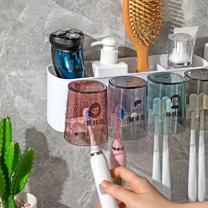 Wall Mounted Toothbrush Holder with Cup Automatic Toothpaste Squeezer Dispenser Suction Cup Bathroom Storage Rack Box for Family