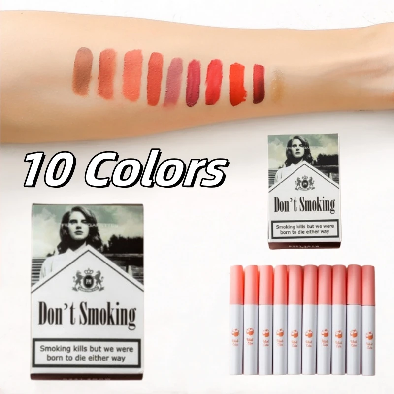 10 Color Cigarette Matte Velvet Lipstick Kit 24 Hour Waterproof Long Lasting Not Stick Cup Lip Glaze Set Liquid Lip Stain Makeup