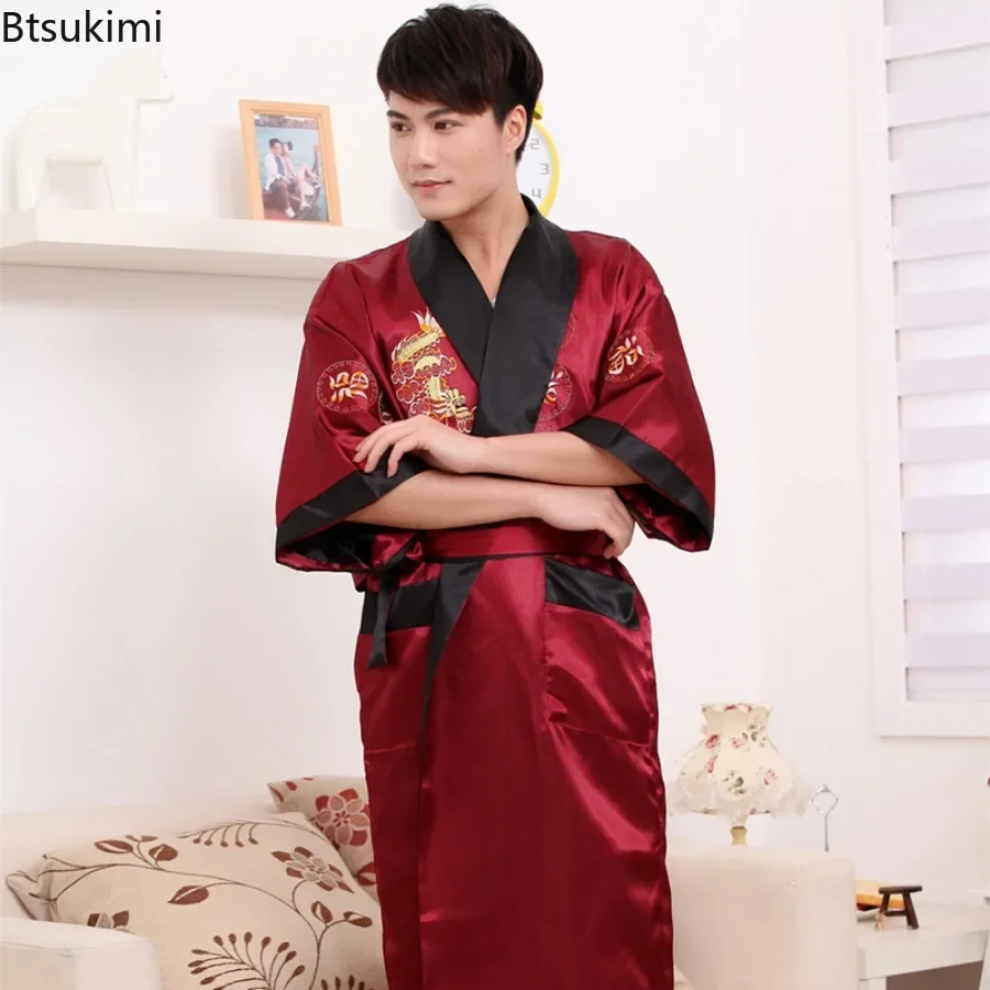 2024 neue Paar Tang Anzug Stickerei Pyjama Roben Herren chinesischen Stil Drachen Robe Home Kleidung Männer Satin Kimono Bademantel eine Größe