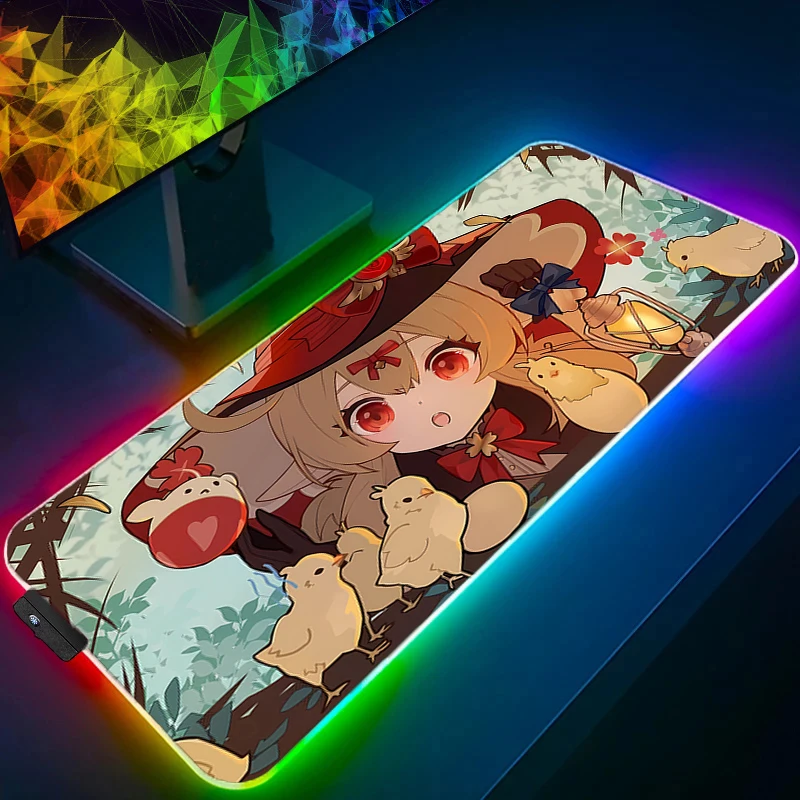 Tapis de souris vitesse Mini LED PC ordinateur Genshin Impact Klee clavier tapis RGB Kawaii Anime fille tapis de bureau accessoires de jeu tapis de souris