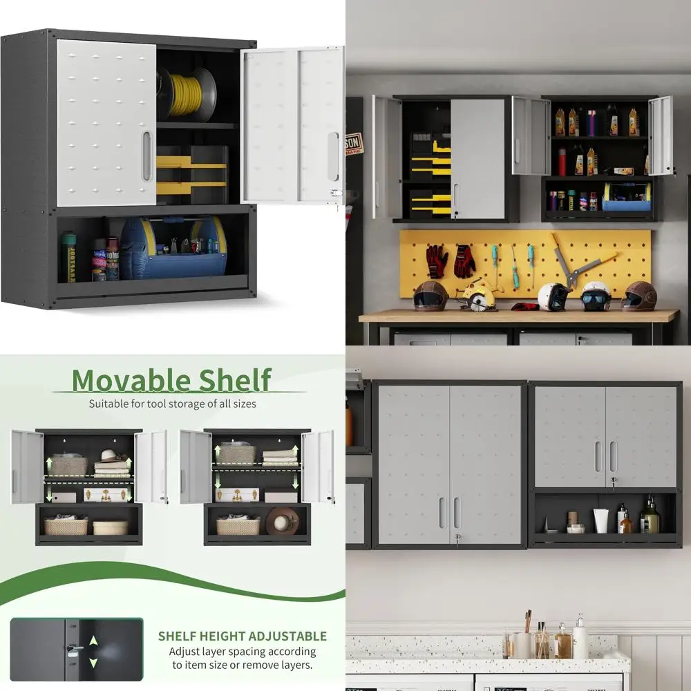 

Настенный шкаф для гаража с регулируемыми полками — черный и серый, для хранения в гараже, мастерской или на кухне