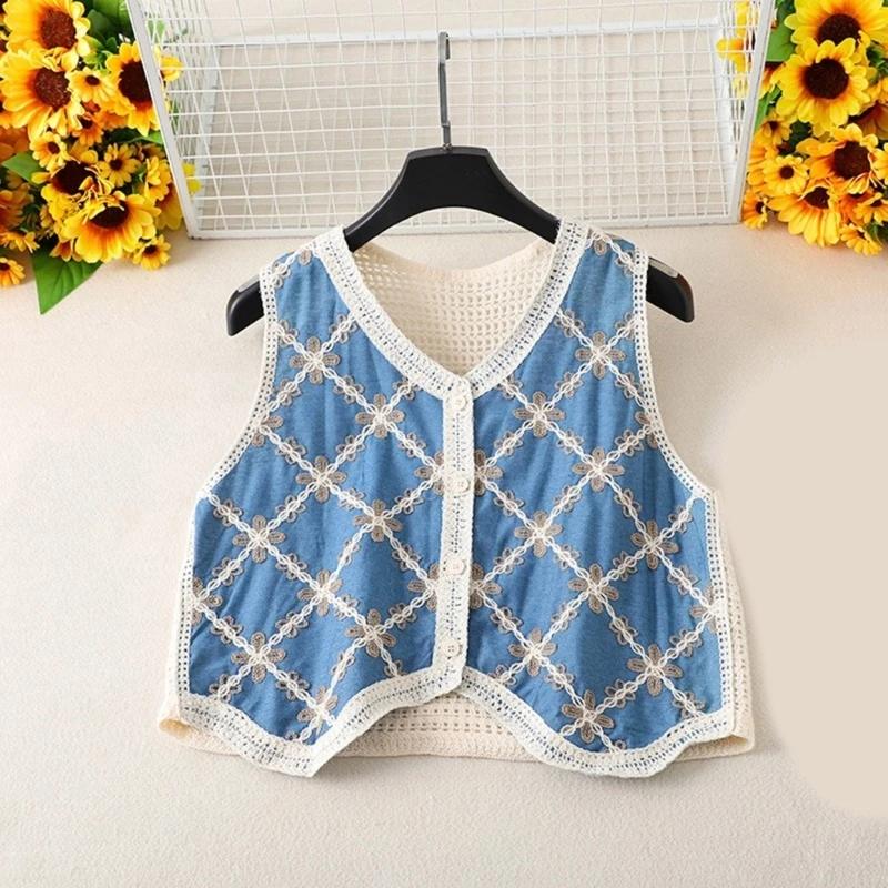 Crochet Vests Waistcoat Women Embroidery Flower Beach Sleeveless Crop Cardigans